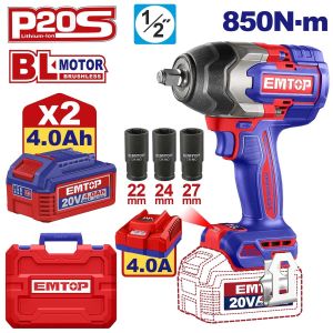 Llave de impacto inalámbrica 850 nm con 2 baterías y cargador Emtop